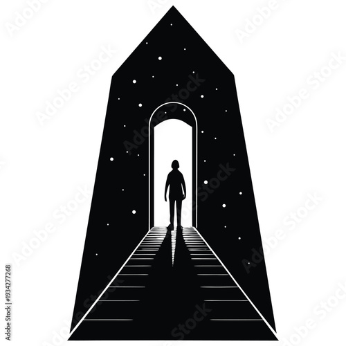 Cinematic Melancholic Illustration of Person Standing at Threshold of Space isolated on White Background