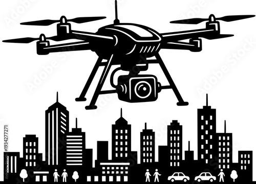 Professional camera drone flying over a city skyline with skyscrapers and street traffic. Black and white vector illustration of aerial surveillance and modern remote control technology.
