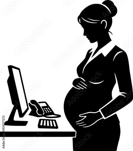 Pregnant businesswoman silhouette working at her desk with a computer. Concept of working motherhood, career and pregnancy balance, and professional maternity on white background.