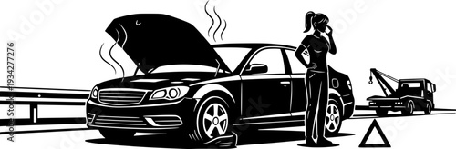 Woman calling for roadside assistance next to a broken down car with smoke on the highway. Black and white vector illustration of car trouble, towing service, and insurance concept.