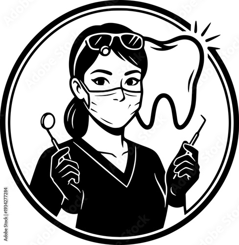 Professional female dentist avatar in black and white circular frame, holding dental tools with a tooth silhouette in the background. Minimalist vector style for clinic branding.