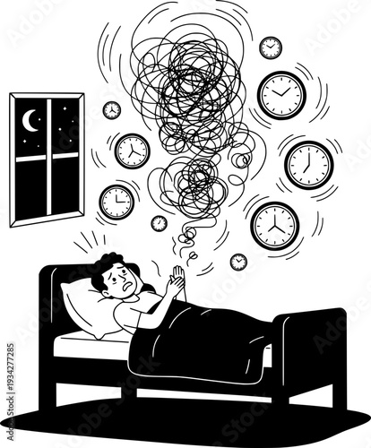 Man lying in bed at night suffering from insomnia and anxiety, surrounded by floating clocks and chaotic thoughts. Concept of stress, sleep disorder, and time pressure.