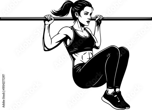 Strong athletic woman performing a pull-up or chin-up on a bar. Black and white vector illustration of female fitness, strength training, and bodyweight workout concept.