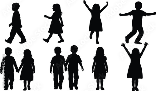 Children Silhouette Collection Vector Illustration, Kids Walking, Holding Hands and Jumping Isolated on White Background, Boys and Girls Playful Poses Set