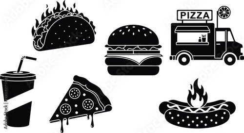 Minimalist icon set of flaming taco dripping pizza slice burger and hot dog with soda and pizza truck front view bold black vector mockup png svg