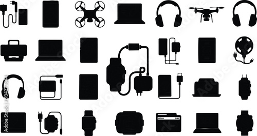 Minimalist vector icon set top view electronic gadget silhouettes arranged grid including headphones laptop drone charger smartwatch power bank printer cable camera flat design monochrome isolated