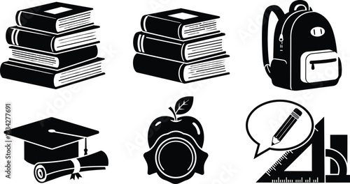 Flat design close up school icons set stacked books backpack graduation cap diploma apple badge geometry tools speech bubble black silhouette simple vector illustration minimalist bold