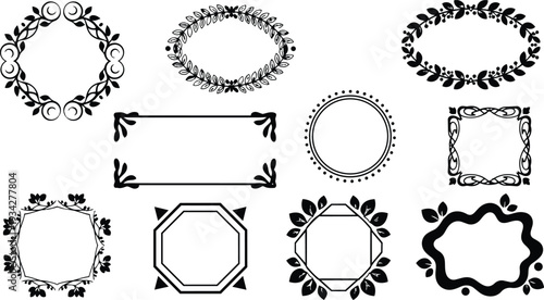 Minimalist black flat silhouette vector wreath and ornamental frames set featuring round oval rectangular and octagonal floral borders with corner accents top view isolated label design