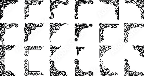 Ornate baroque corner flourishes set close up decorative filigree elements showing curled leaves swirls and dots in four corners isolated on white background vector illustration black