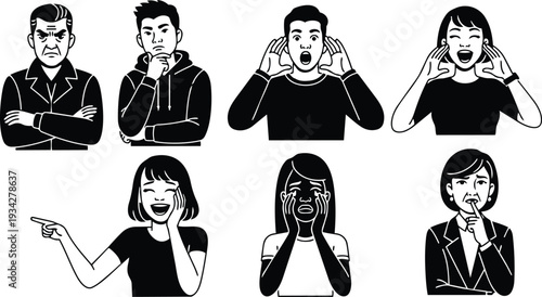Flat design front facing portrait set of diverse people showing emotions laughing crying pointing thinking shouting covering ears close up black and white vector icons expressions
