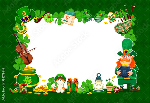 Happy St Patrick's Day festive banner for Irish holiday, vector frame for greeting card. Funny leprechaun character with gold coins pot, shamrock clovers, violin and bagpipes for Saint Patrick banner