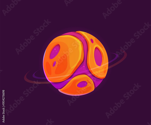 Cartoon alien space planet with magma surface. Cartoon vector fantasy galaxy star. Fiery orange sphere with rounded bumps, craters and purple liquid lava. Extraterrestrial world with molten texture