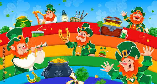 Funny leprechauns characters on rainbow on Happy St Patrick's day greeting card, cartoon vector. Leprechauns playing harp with lucky horseshoe or gold coins on rainbow for Saint Patrick holiday banner