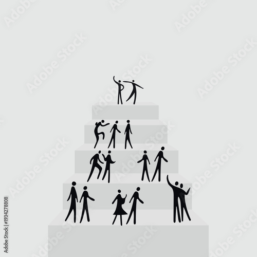 Minimalist illustration of a crowd on a staircase. Concept of perseverance and success: many people start the journey at the bottom, but only a few reach the peak and achieve their goals.