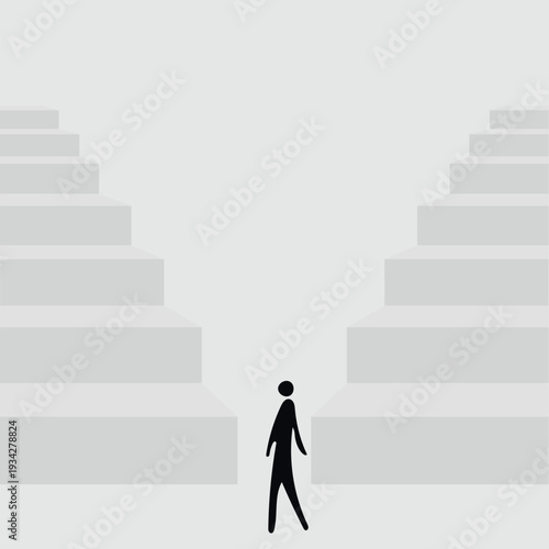 Person standing between two diverging staircases, facing a choice of paths. Concept of making a decision, choosing a career direction, or selecting one of several opportunities for growth and success.