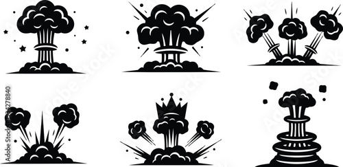 Minimalist black vector art close up set of six explosion icons showing mushroom cloud bursts varied angles with crown and pedestal details isolated flat silhouette design