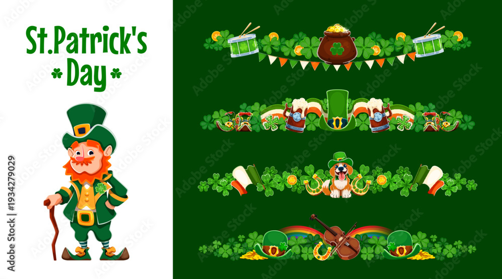 Fototapeta premium St Patrick's Day dividers, separators and border frames for Irish holiday, vector decorations. Funny leprechaun character, shamrock clovers, Ireland flag ribbon and gold coins for St Patrick dividers