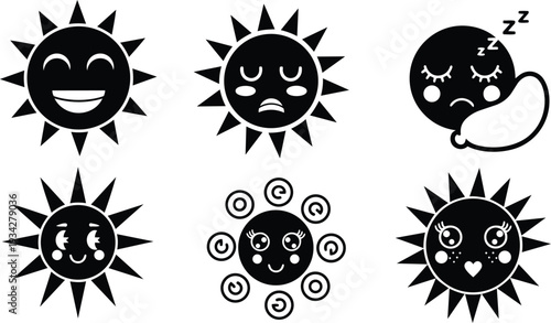 Minimalist vector sun emoji icon set six expressions front facing close up black silhouette faces smiling sleepy surprised winking blushing happy playful flat design round badge