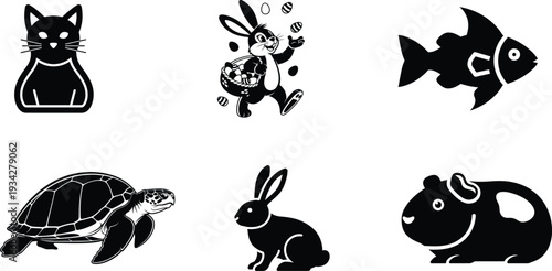 black and white animal icons including cat fish turtle rabbit and hamster