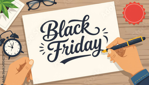 Hand writing black friday sale event on paper