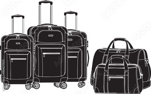 Three black suitcases and one duffel bag on white background