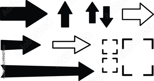Minimalist vector arrow icon set showing bold and outline right left up down arrows chevrons corner brackets and directional pointers on white background simple flat style