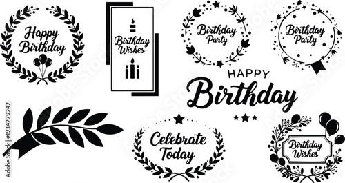 Flat vector badge set close up birthday wreaths laurel frames balloons candles typographic happy birthday lettering decorative round emblems black and white minimal flat design icons
