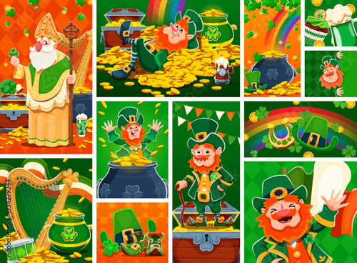 Happy St Patrick's day leprechaun characters and holiday icons. Cartoon vector festive collage with traditional Irish personages, shamrock clover, pot of gold, treasure chest, rainbow and horseshoe