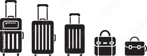 Variety of luggage and travel bags in a row on white background