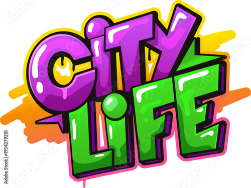 City life street graffiti, hip hop wall painting typography. Ghetto airbrush spray typography, street paint tag vector text. Urban wall drawing writing with green and purple funky glossy letters