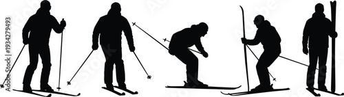 Skiing Silhouette Set Vector Illustration, Skier in Different Poses with Poles and Skis Isolated on White Background Winter Sport Collection Design