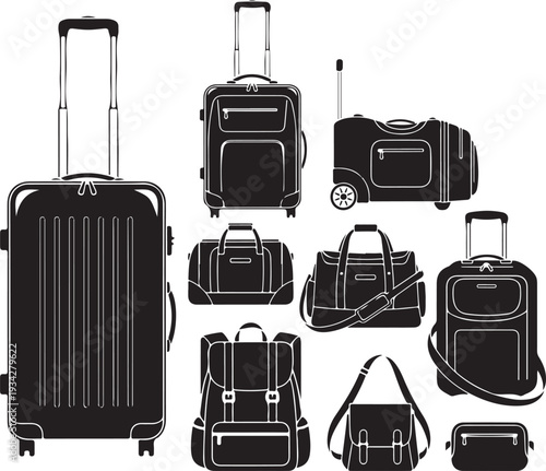 Collection of various travel luggage and bags on white background