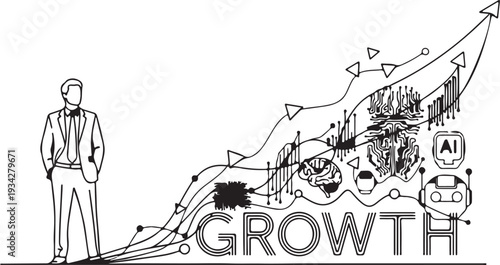 "Business growth vector illustration showing executive silhouette with technology icons and upward arrows symbolizing innovation and progress"