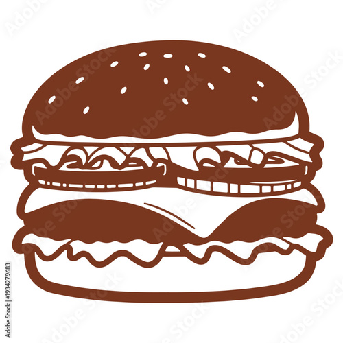 Delicious Burger Illustration with Fresh Ingredients and Sesame Seed Bun in Brown Tones for Food Designs