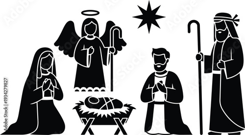 Minimalist silhouette nativity scene vector art close up manger with baby jesus christ kneeling mary joseph angel star shepherd holding staff black high contrast isolated background