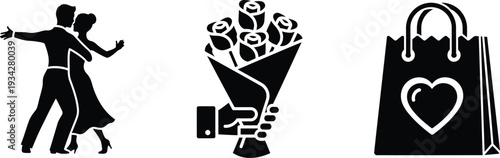 Black silhouettes of dancing couple roses bouquet and shopping bag with heart