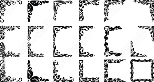 Vintage ornamental corner frames set vector art close up multiple decorative black silhouette corner elements for borders repeat seamless patterns isolated high resolution