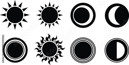 Minimalist vector icon set of sun and moon phases in flat black silhouettes showing varied rays crescent gibbous full close up isolated on white background row