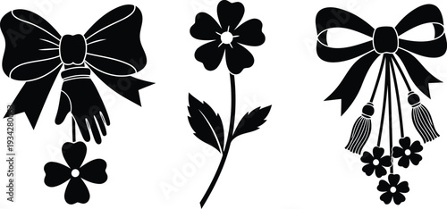 black silhouettes of bows flowers and hand