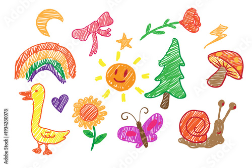 Crayon kid set. Funky childish color pencil naive doodle, cute cartoon animals. Kindergarten funny wax crayon rainbow, flower, butterfly, cherry, heart, strawberry, bee. Hand drawn vector illustration