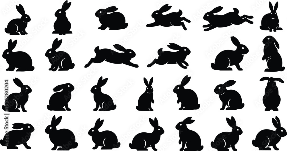 Fototapeta premium Vector art black rabbit silhouette set showing multiple poses side view sitting standing jumping leaping running and hopping in rows flat minimal icons for design project