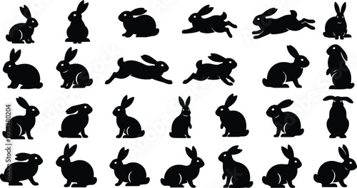 Vector art black rabbit silhouette set showing multiple poses side view sitting standing jumping leaping running and hopping in rows flat minimal icons for design project