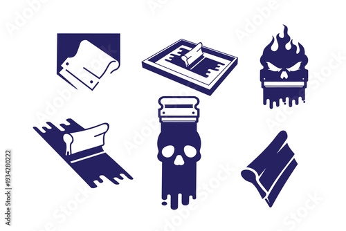 Monochrome vector illustration set, screen printing equipment and tools, squeegees, ink rollers, printing frames, and dripping skull emblems in a flat silhouette style design logo template