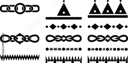 Minimalist vector border ornaments set close up repeating decorative dividers horizontal flourishes symmetrical knot and triangle motifs black flat design mockup svg png isolated seamless outline