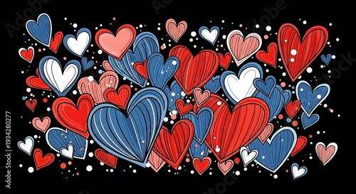 Colorful red white and blue hearts on black background with sparkles valentine's day illustration