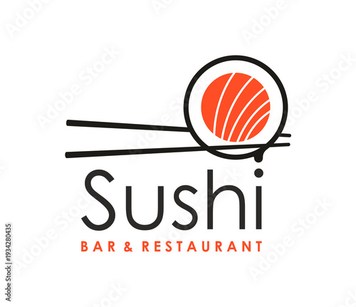 Traditional salmon sushi vector icon, Japanese restaurant symbol. Circular sushi roll icon symbolizing rising sun crossed by two chopsticks. Restaurant branding, Japanese cuisine and culinary symbol