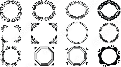 Flat vector art decorative wreath set with twelve floral round and corner frames leaf ornaments isolated on white background close up top view simple minimal