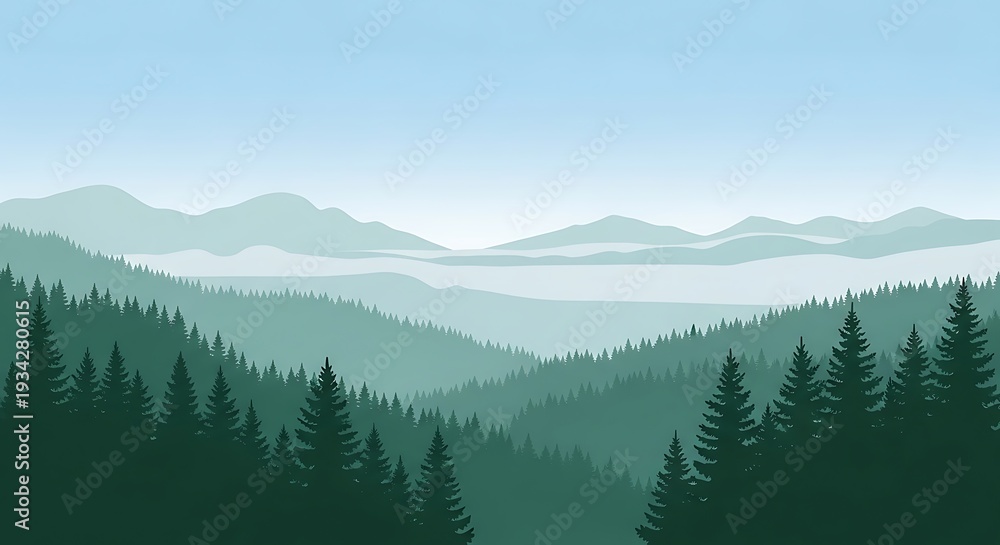 Fototapeta premium Serene Mountain Landscape with Lush Green Forest and Misty Peaks.