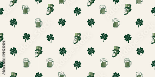 St. Patrick's Day Seamless Pattern with Leprechauns and Shamrocks. Vintage Irish Folklore Pattern with Green Clovers and Beer Mugs.