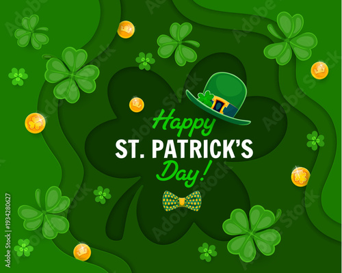 Paper cut Happy Patrick's day banner with shamrock clover leaves, vector greeting card. St Patrick's day poster with leprechaun golden coins and lucky trefoil clovers in paper cut shamrock frame